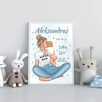 Personalizuota Vaiko Gimimo Metrikų Iliustracija Super Mama, Berniuko gimimo metrika, plakatas su rėmeliu  Poster -  dovanokis.lt