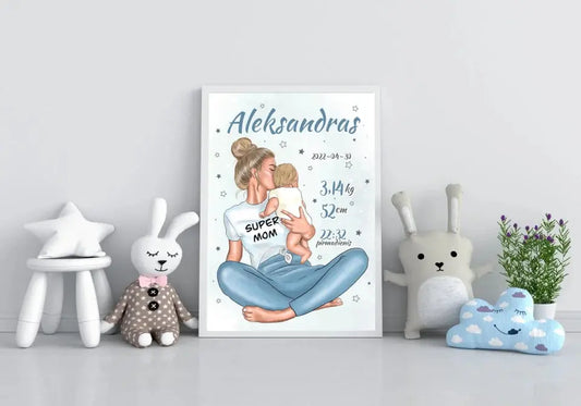 Personalizuota Vaiko Gimimo Metrikų Iliustracija Super Mama, Berniuko gimimo metrika, plakatas su rėmeliu  Poster -  dovanokis.lt