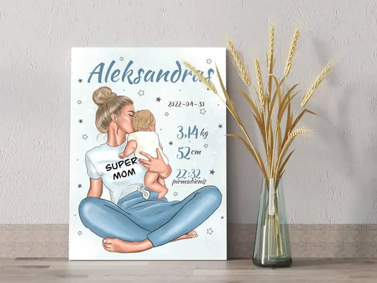 Personalizuota Vaiko Gimimo Metrikų Iliustracija ant drobės, Super Mama, Berniuko gimimo metrika  Drobe -  dovanokis.lt