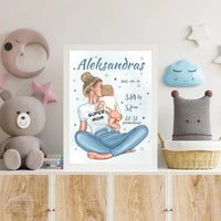 Personalizuota Vaiko Gimimo Metrikų Iliustracija Super Mama, Berniuko gimimo metrika, plakatas su rėmeliu  Poster -  dovanokis.lt