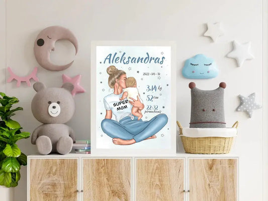Personalizuota Vaiko Gimimo Metrikų Iliustracija Super Mama, Berniuko gimimo metrika, plakatas su rėmeliu  Poster -  dovanokis.lt