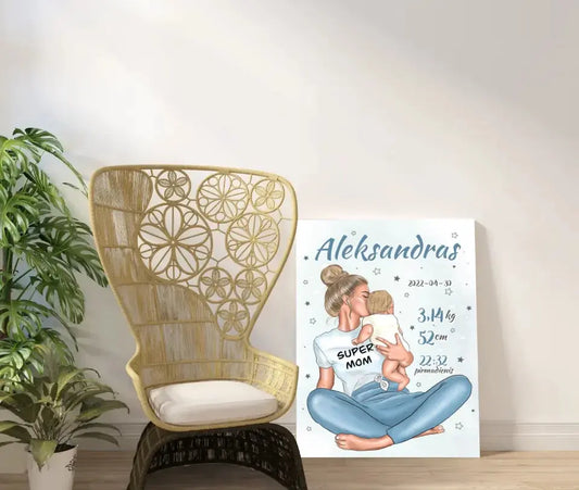 Personalizuota Vaiko Gimimo Metrikų Iliustracija ant drobės, Super Mama, Berniuko gimimo metrika  Drobe -  dovanokis.lt