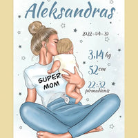 Personalizuota Vaiko Gimimo Metrikų Iliustracija Super Mama, Berniuko gimimo metrika, plakatas su rėmeliu  Poster -  dovanokis.lt