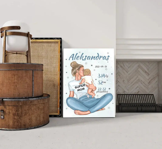 Personalizuota Vaiko Gimimo Metrikų Iliustracija ant drobės, Super Mama, Berniuko gimimo metrika  Drobe -  dovanokis.lt
