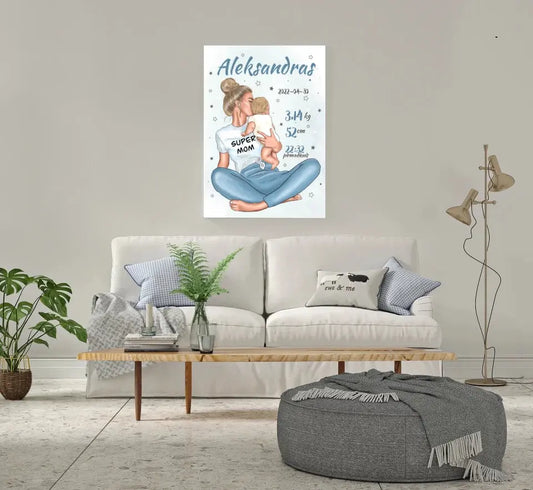 Personalizuota Vaiko Gimimo Metrikų Iliustracija ant drobės, Super Mama, Berniuko gimimo metrika  Drobe -  dovanokis.lt