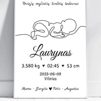 Personalizuota Vaiko / Kūdikio Gimimo Metrika su linijine iliustracija, plakatas su rėmeliu  Poster -  dovanokis.lt
