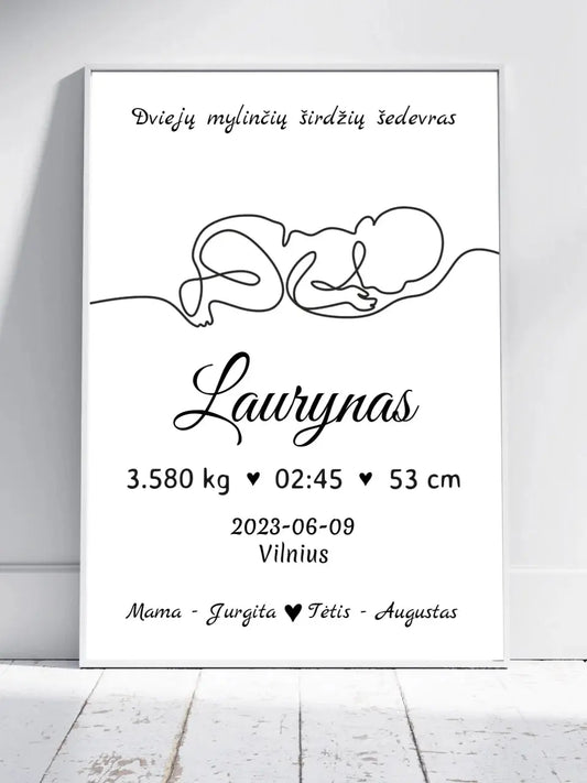 Personalizuota Vaiko / Kūdikio Gimimo Metrika su linijine iliustracija, plakatas su rėmeliu  Poster -  dovanokis.lt