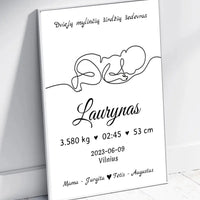 Personalizuota Vaiko / Kūdikio Gimimo Metrika su linijine iliustracija, plakatas su rėmeliu  Poster -  dovanokis.lt