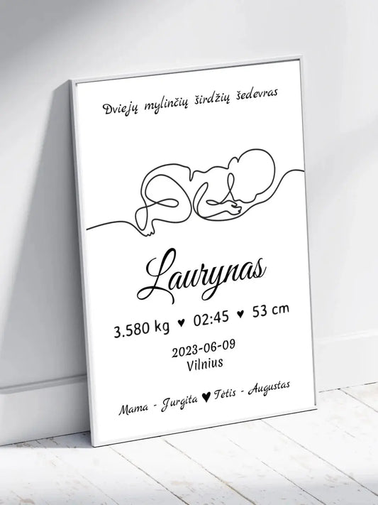 Personalizuota Vaiko / Kūdikio Gimimo Metrika su linijine iliustracija, plakatas su rėmeliu  Poster -  dovanokis.lt