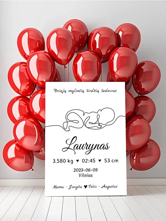 Personalizuota Vaiko / Kūdikio Gimimo Metrika su linijine iliustracija ant drobės  Drobe -  dovanokis.lt