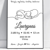 Personalizuota Vaiko / Kūdikio Gimimo Metrika su linijine iliustracija, plakatas su rėmeliu  Poster -  dovanokis.lt