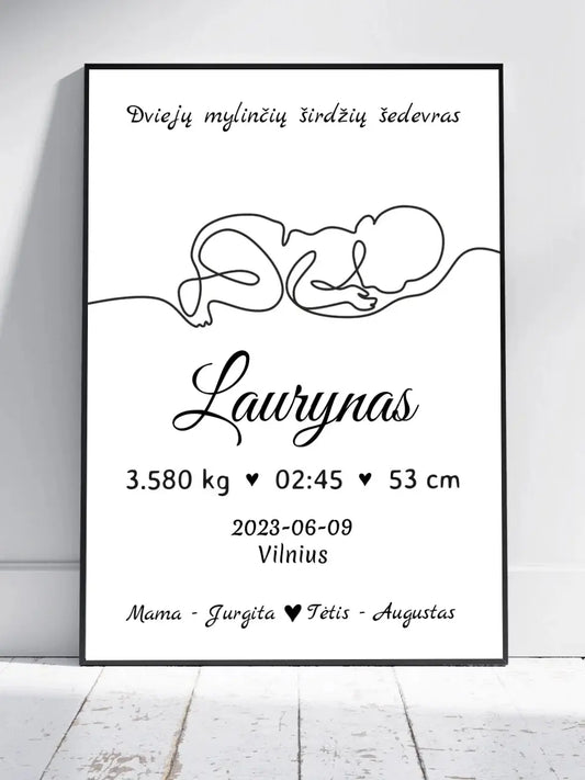 Personalizuota Vaiko / Kūdikio Gimimo Metrika su linijine iliustracija, plakatas su rėmeliu  Poster -  dovanokis.lt