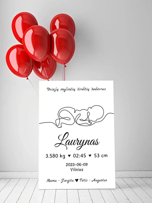 Personalizuota Vaiko / Kūdikio Gimimo Metrika su linijine iliustracija ant drobės  Drobe -  dovanokis.lt