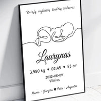 Personalizuota Vaiko / Kūdikio Gimimo Metrika su linijine iliustracija, plakatas su rėmeliu  Poster -  dovanokis.lt