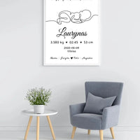 Personalizuota Vaiko / Kūdikio Gimimo Metrika su linijine iliustracija, plakatas su rėmeliu  Poster -  dovanokis.lt