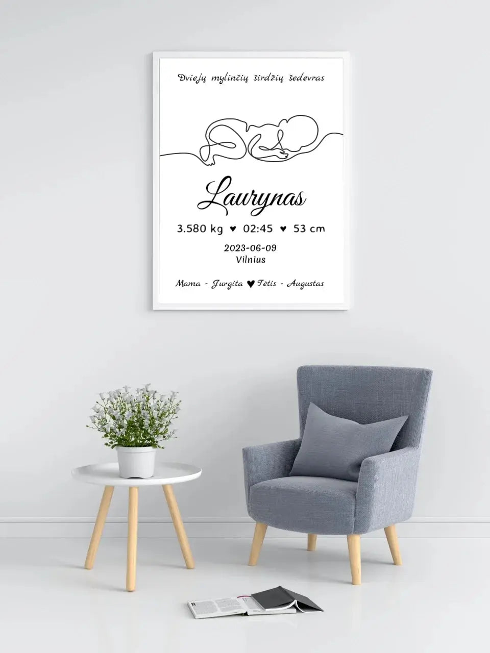 Personalizuota Vaiko / Kūdikio Gimimo Metrika su linijine iliustracija, plakatas su rėmeliu  Poster -  dovanokis.lt