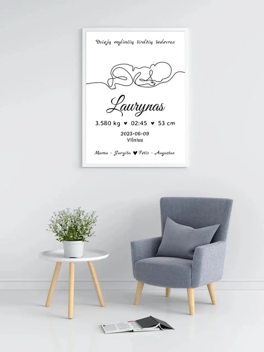 Personalizuota Vaiko / Kūdikio Gimimo Metrika su linijine iliustracija, plakatas su rėmeliu  Poster -  dovanokis.lt
