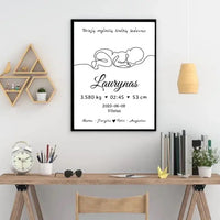 Personalizuota Vaiko / Kūdikio Gimimo Metrika su linijine iliustracija, plakatas su rėmeliu  Poster -  dovanokis.lt