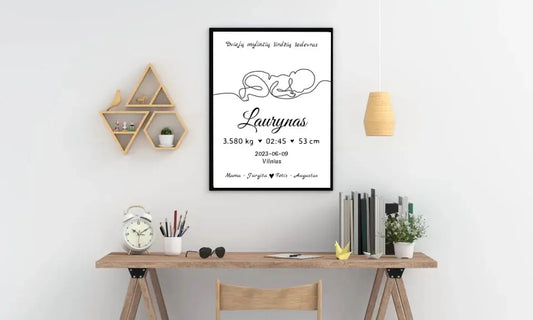 Personalizuota Vaiko / Kūdikio Gimimo Metrika su linijine iliustracija, plakatas su rėmeliu  Poster -  dovanokis.lt