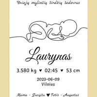 Personalizuota Vaiko / Kūdikio Gimimo Metrika su linijine iliustracija, plakatas su rėmeliu  Poster -  dovanokis.lt