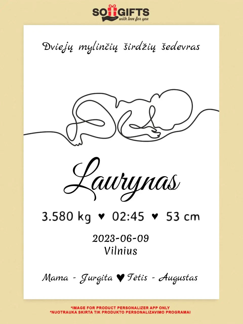 Personalizuota Vaiko / Kūdikio Gimimo Metrika su linijine iliustracija, plakatas su rėmeliu  Poster -  dovanokis.lt