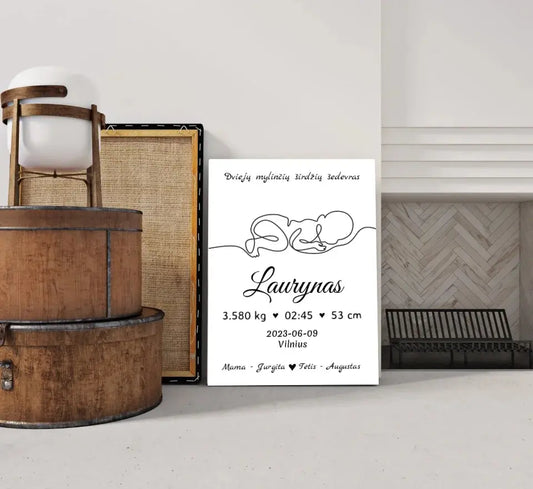 Personalizuota Vaiko / Kūdikio Gimimo Metrika su linijine iliustracija ant drobės  Drobe -  dovanokis.lt