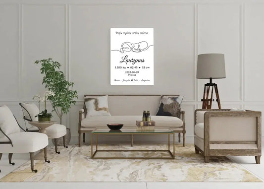 Personalizuota Vaiko / Kūdikio Gimimo Metrika su linijine iliustracija ant drobės  Drobe -  dovanokis.lt