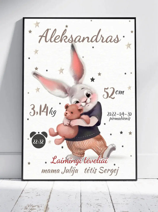 Personalizuota Berniuko Gimimo Metrikų Iliustracija, plakatas su rėmeliu  Posteris(Plakatas) -  dovanokis.lt