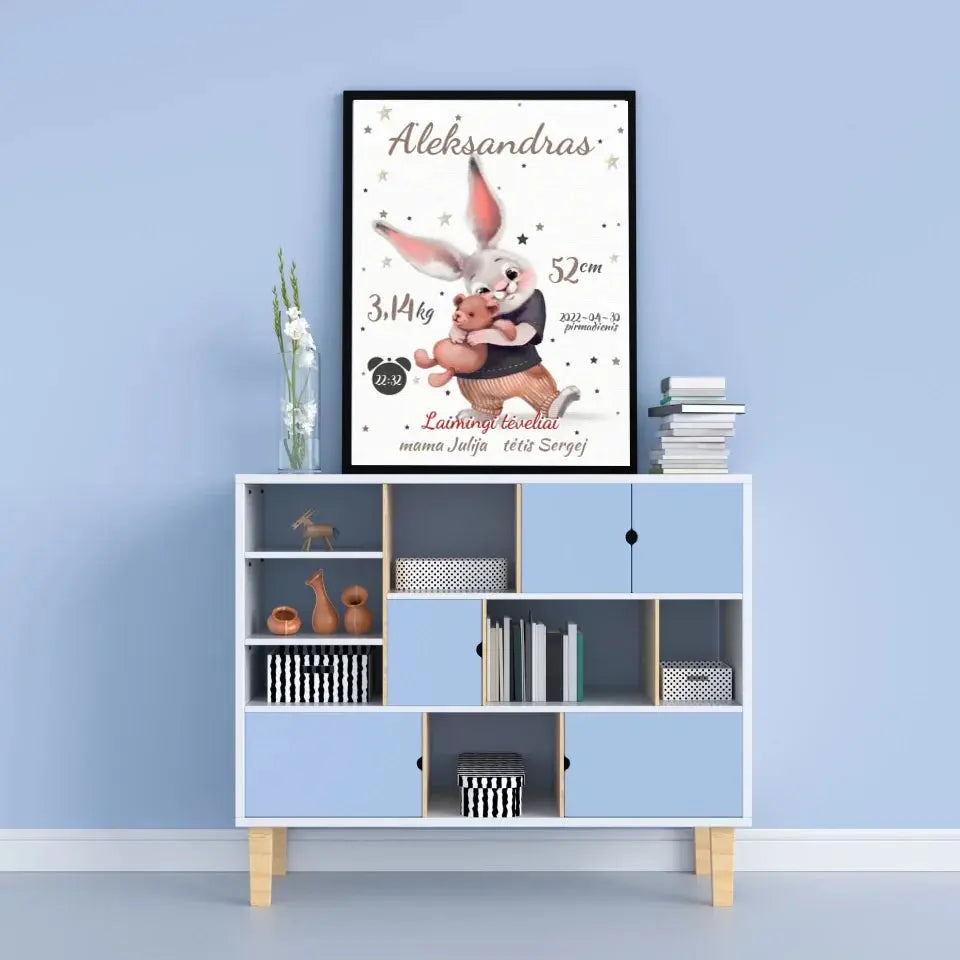 Personalizuota Berniuko Gimimo Metrikų Iliustracija, plakatas su rėmeliu  Posteris(Plakatas) -  dovanokis.lt