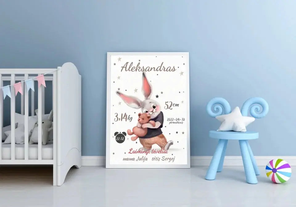 Personalizuota Berniuko Gimimo Metrikų Iliustracija, plakatas su rėmeliu  Posteris(Plakatas) -  dovanokis.lt