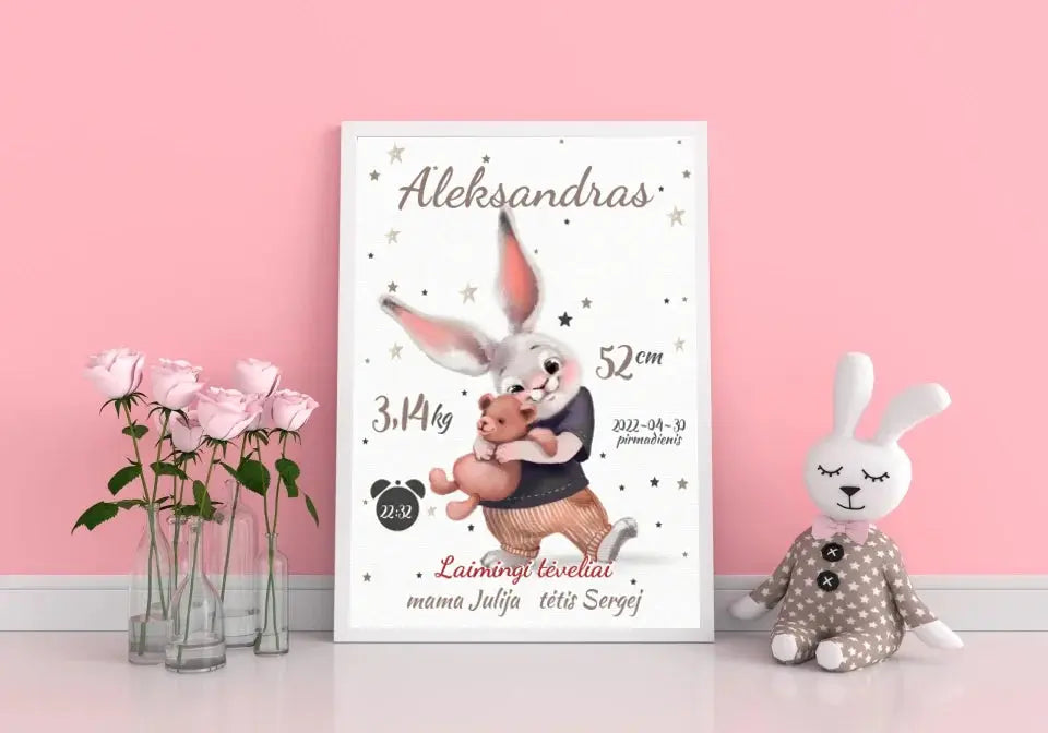 Personalizuota Berniuko Gimimo Metrikų Iliustracija, plakatas su rėmeliu  Posteris(Plakatas) -  dovanokis.lt