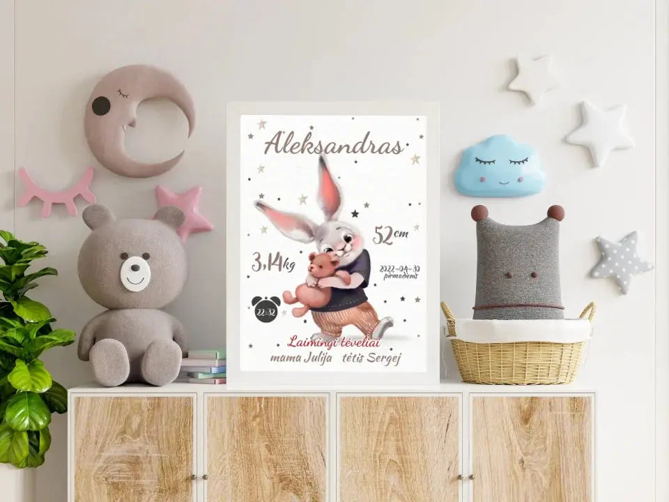 Personalizuota Berniuko Gimimo Metrikų Iliustracija, plakatas su rėmeliu  Posteris(Plakatas) -  dovanokis.lt