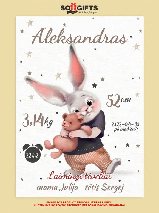 Personalizuota Berniuko Gimimo Metrikų Iliustracija ant drobės  Drobe -  dovanokis.lt
