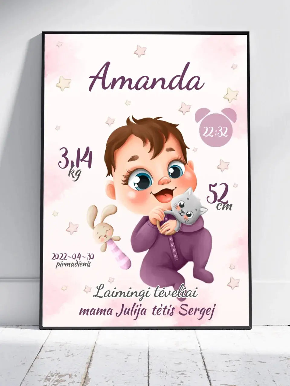 Personalizuota Mergaitės Gimimo Metrikų Iliustracija, plakatas su rėmeliu  Posteris(Plakatas) -  dovanokis.lt