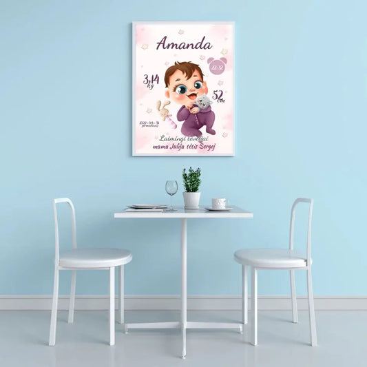 Personalizuota Mergaitės Gimimo Metrikų Iliustracija, plakatas su rėmeliu  Posteris(Plakatas) -  dovanokis.lt