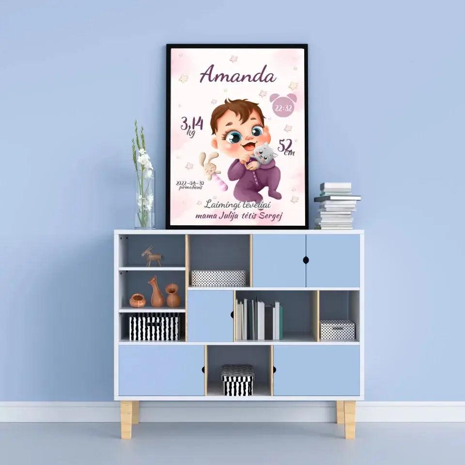 Personalizuota Mergaitės Gimimo Metrikų Iliustracija, plakatas su rėmeliu  Posteris(Plakatas) -  dovanokis.lt