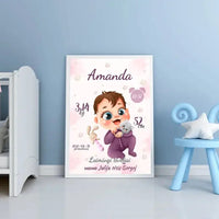 Personalizuota Mergaitės Gimimo Metrikų Iliustracija, plakatas su rėmeliu  Posteris(Plakatas) -  dovanokis.lt