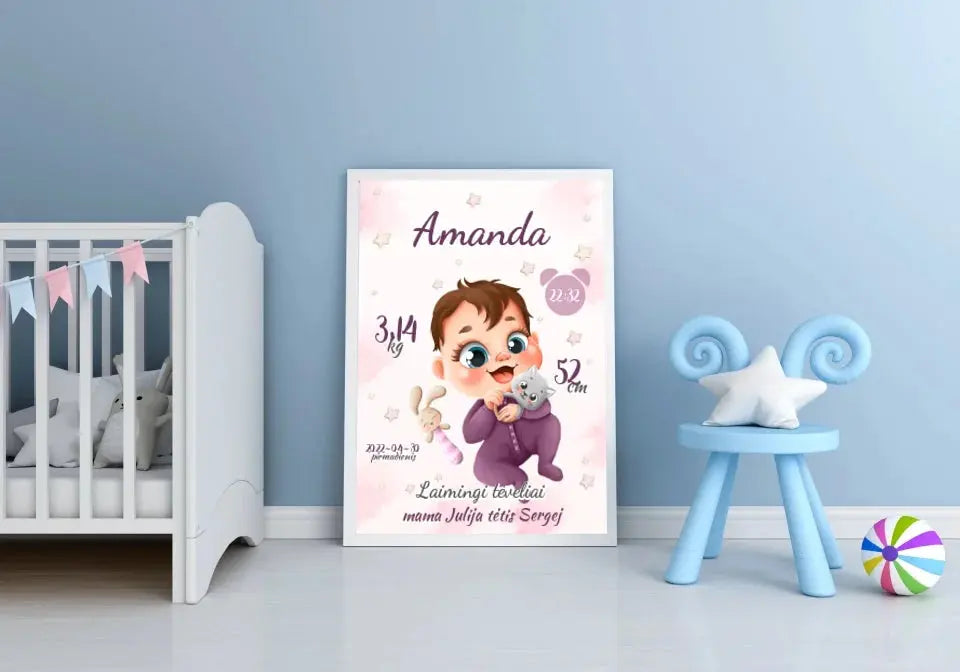Personalizuota Mergaitės Gimimo Metrikų Iliustracija, plakatas su rėmeliu  Posteris(Plakatas) -  dovanokis.lt