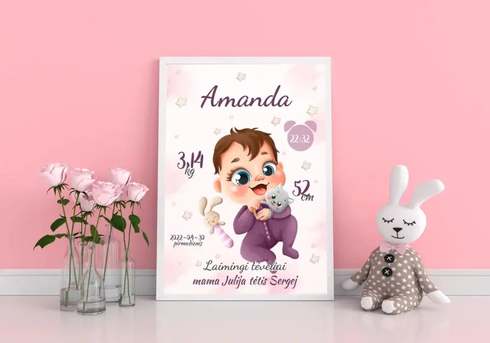 Personalizuota Mergaitės Gimimo Metrikų Iliustracija, plakatas su rėmeliu  Posteris(Plakatas) -  dovanokis.lt
