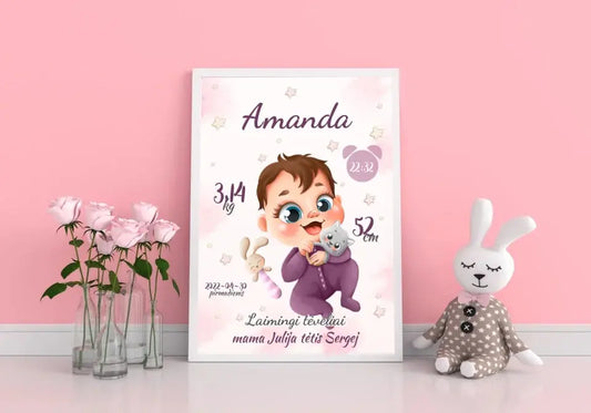 Personalizuota Mergaitės Gimimo Metrikų Iliustracija, plakatas su rėmeliu  Posteris(Plakatas) -  dovanokis.lt