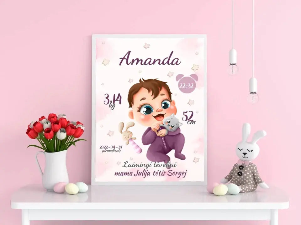 Personalizuota Mergaitės Gimimo Metrikų Iliustracija, plakatas su rėmeliu  Posteris(Plakatas) -  dovanokis.lt