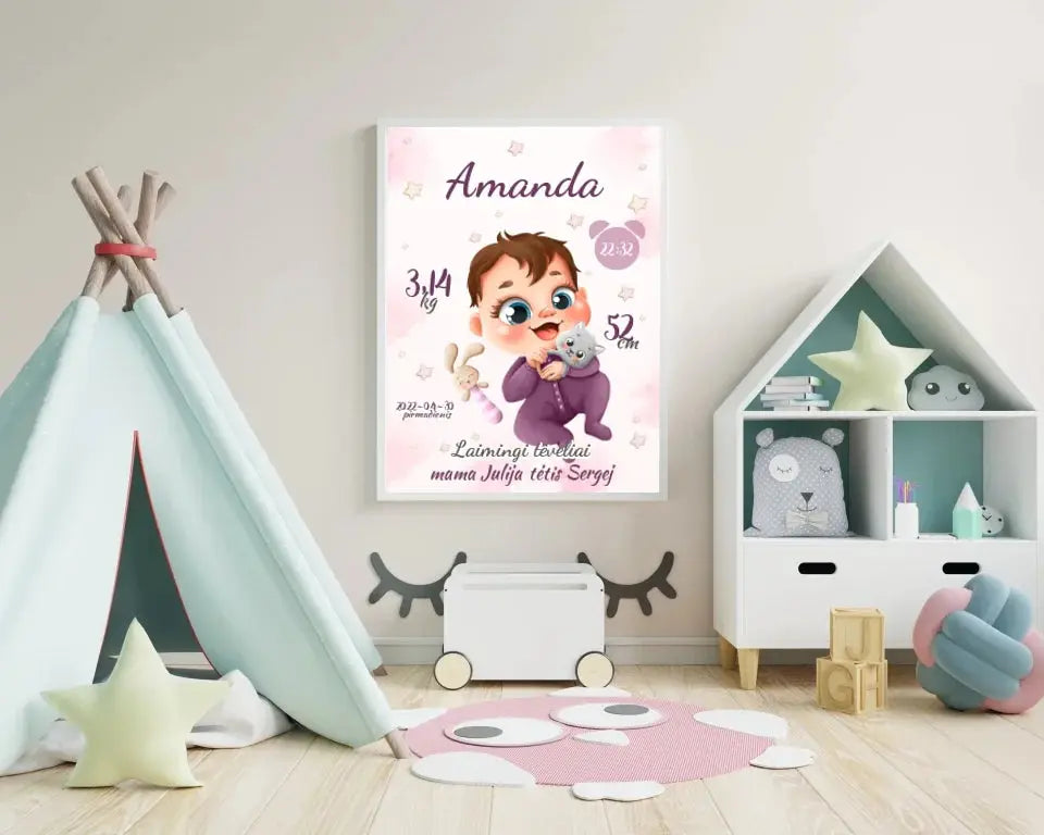 Personalizuota Mergaitės Gimimo Metrikų Iliustracija, plakatas su rėmeliu  Posteris(Plakatas) -  dovanokis.lt