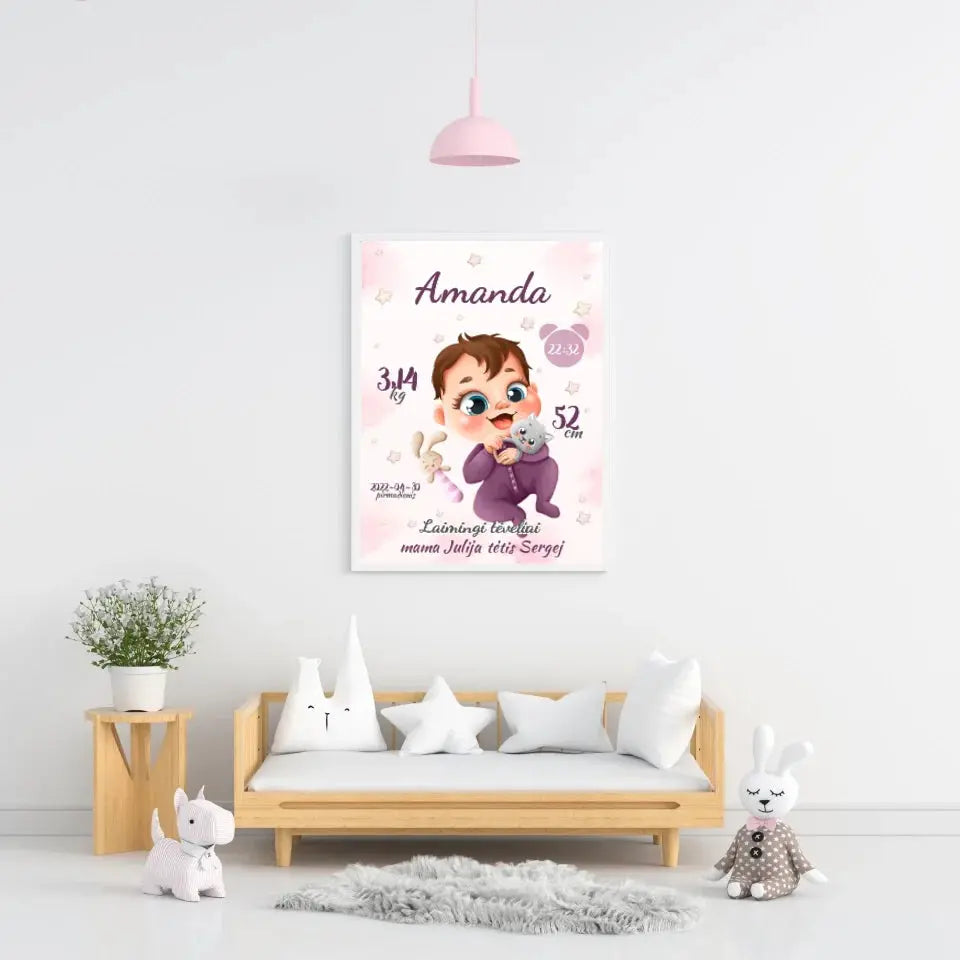 Personalizuota Mergaitės Gimimo Metrikų Iliustracija, plakatas su rėmeliu  Posteris(Plakatas) -  dovanokis.lt