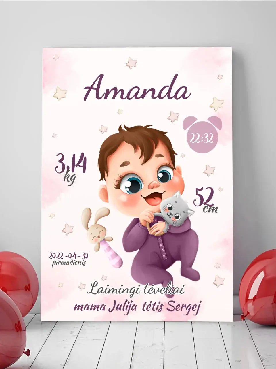 Personalizuota Mergaitės Gimimo Metrikų Iliustracija ant drobės  Drobe -  dovanokis.lt