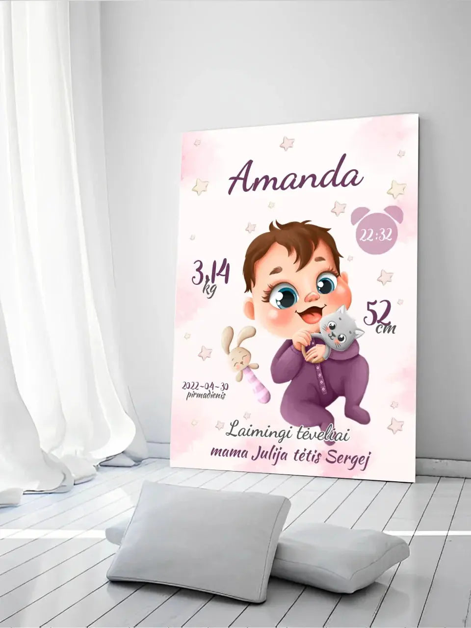 Personalizuota Mergaitės Gimimo Metrikų Iliustracija ant drobės  Drobe -  dovanokis.lt