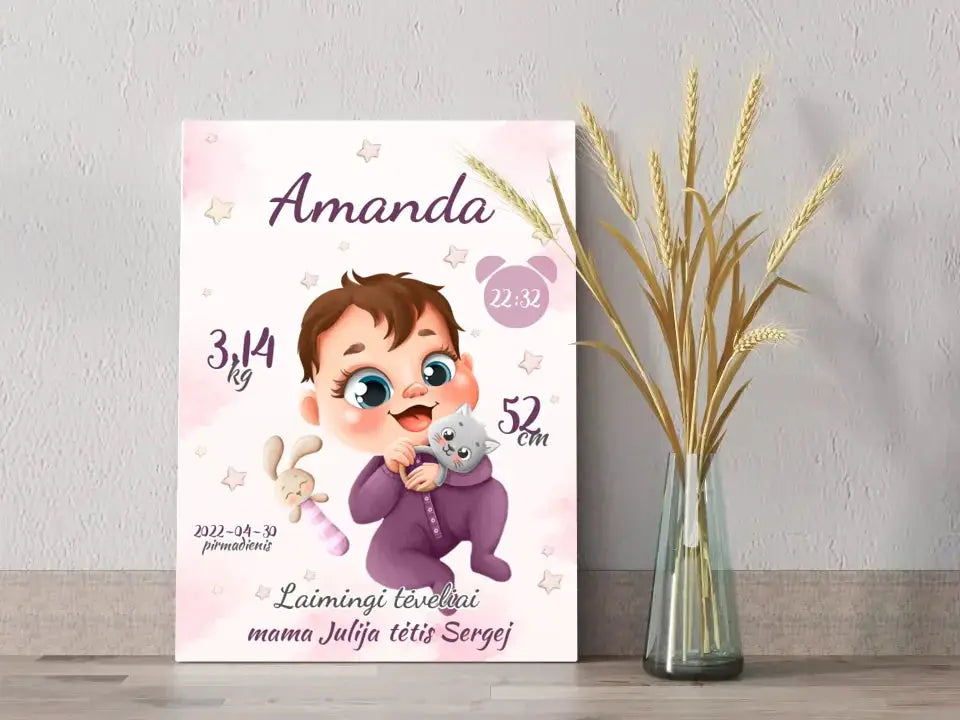 Personalizuota Mergaitės Gimimo Metrikų Iliustracija ant drobės  Drobe -  dovanokis.lt