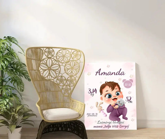 Personalizuota Mergaitės Gimimo Metrikų Iliustracija ant drobės  Drobe -  dovanokis.lt