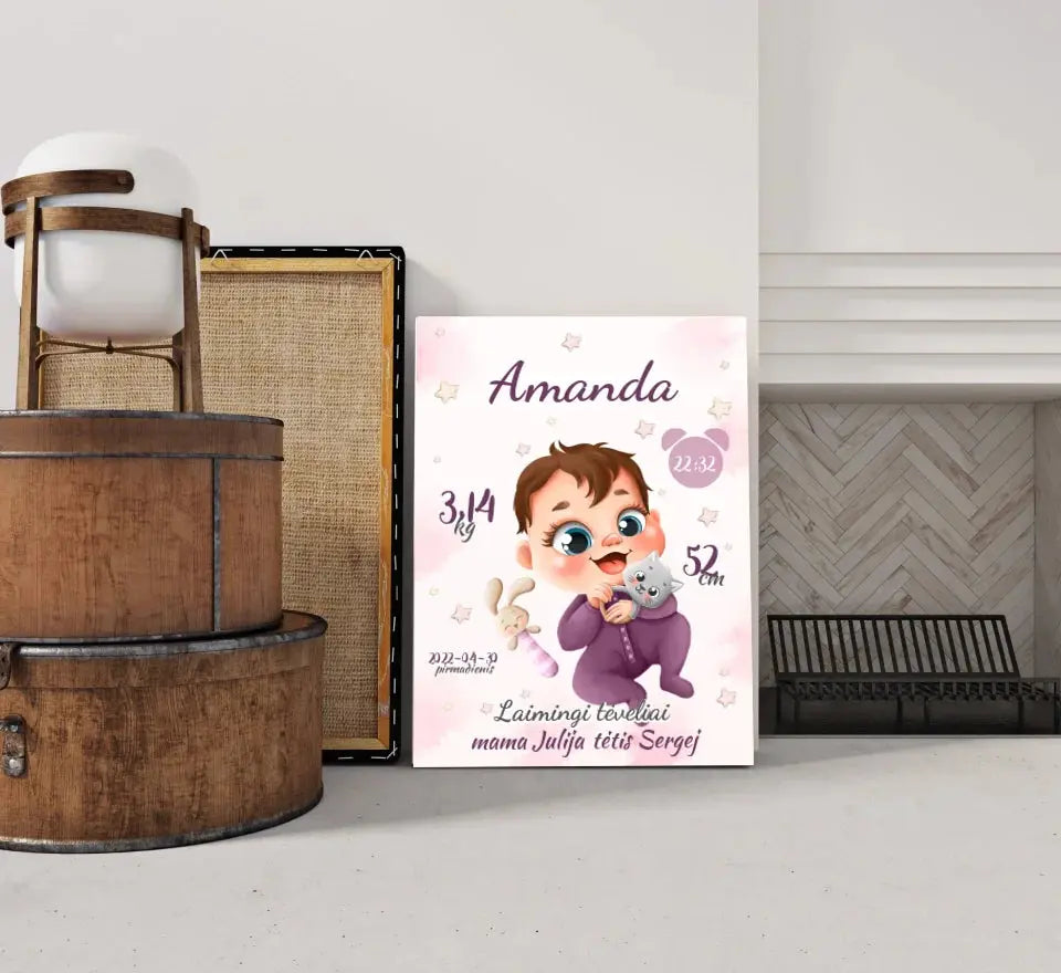 Personalizuota Mergaitės Gimimo Metrikų Iliustracija ant drobės  Drobe -  dovanokis.lt