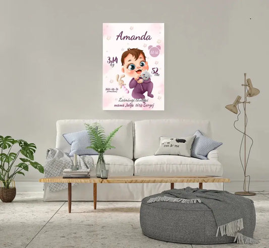 Personalizuota Mergaitės Gimimo Metrikų Iliustracija ant drobės  Drobe -  dovanokis.lt