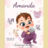 Personalizuota Mergaitės Gimimo Metrikų Iliustracija ant drobės  Drobe -  dovanokis.lt